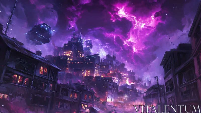 Electrified cyberpunk skyline under volatile magenta stormfront