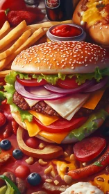 Layered cheeseburger with fries and vivid snack spread