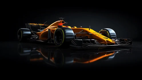 Orange Formula 1 race car rendered on reflective black studio.
