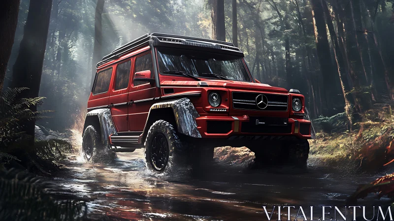 Red off-road SUV driving through shallow forest stream.