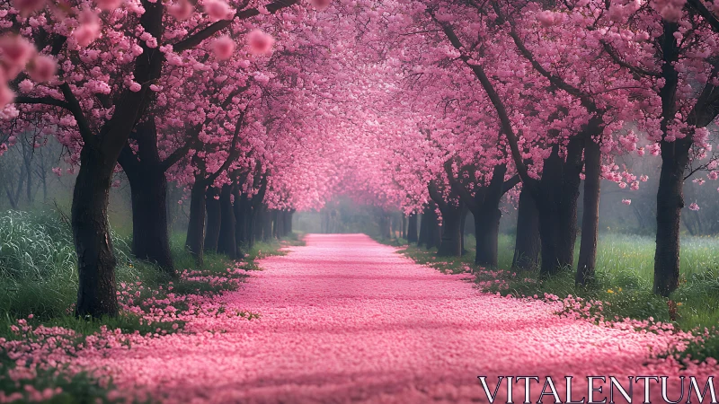 Cherry blossom tunnel over pink petal path in springtime.