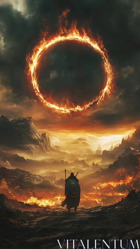 Armored wanderer facing colossal fiery ring above war-scorched valley