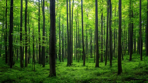 Lush green forest with tall trees in vibrant natural sunlight.