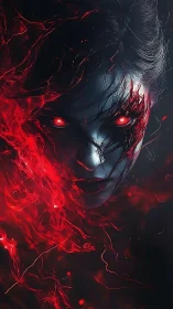 Ethereal fiery spirit gazes out with glowing crimson eyes