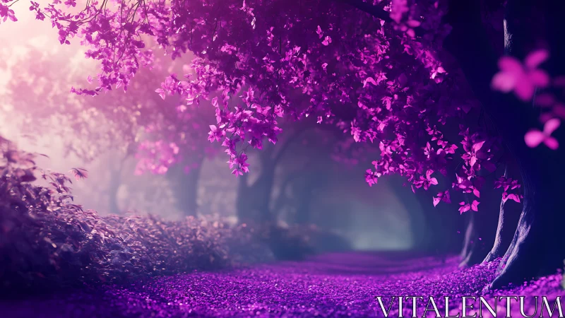 Tree tunnel with pink foliage over curved forest pathway.