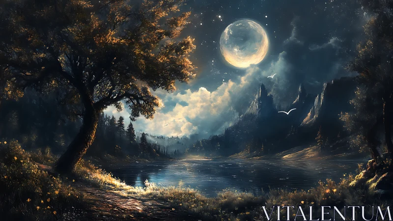 Moonlit twin-sun lake glows beneath towering mystic peaks