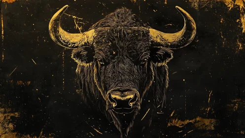 Buffalo head illustration in gold tones on dark background.