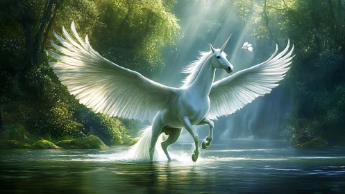 Winged unicorn standing in forest river under shafted light.