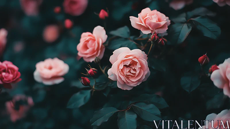 Pink roses with buds displayed against dark teal foliage backdrop.