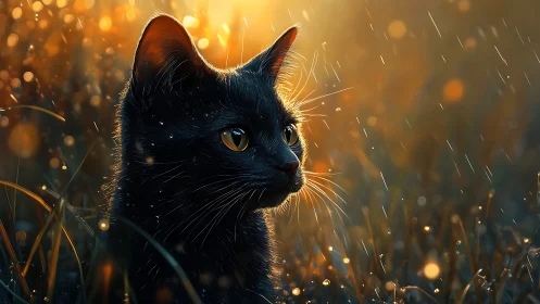 Black Feline with Luminous Amber Eyes in Bokeh-Rendered Golden Rainfall Scene