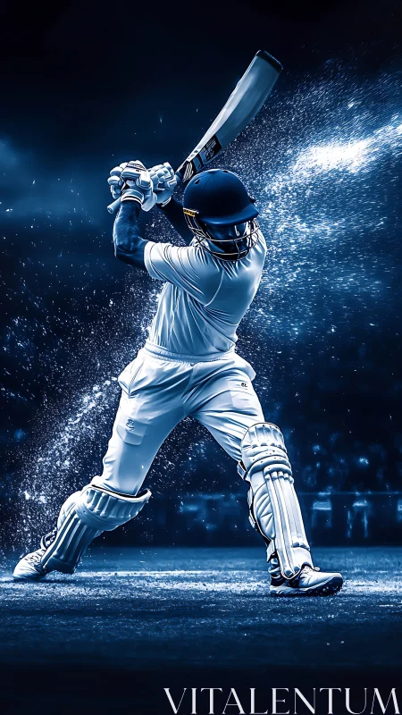 Dynamic blue-toned cricket batsman executing powerful cover drive