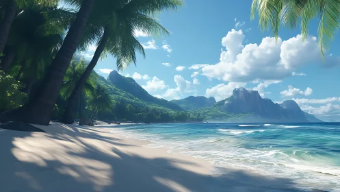 Photorealistic Tropical Beach Landscape With Basalt Cliffs and Ambient Cloud Formation