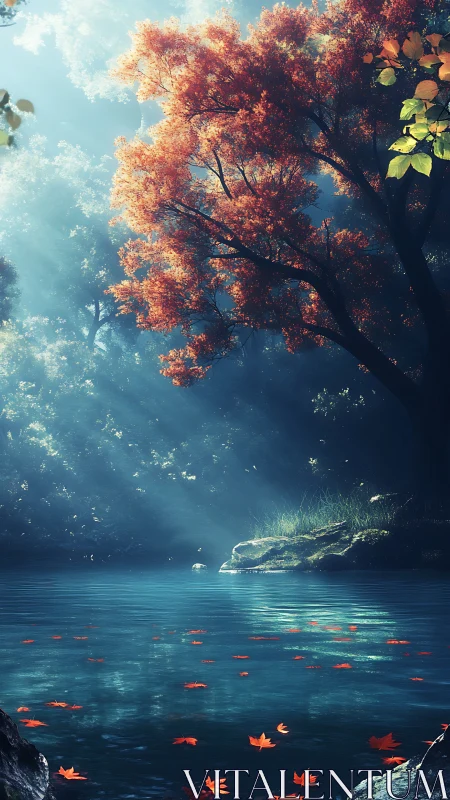 Golden autumn maple glows above a tranquil forest pool