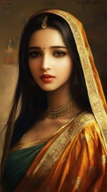 Portrait of woman in sari with gold veil and jewelry detail.