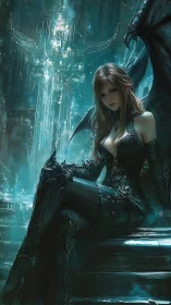 Shadowed dragon queen resting in a luminous crystal hall.