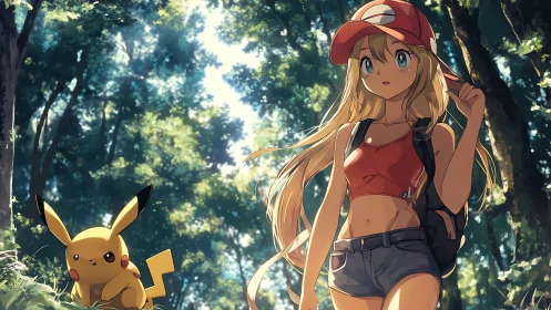 Anime forest scene with trainer girl and Pikachu companion.