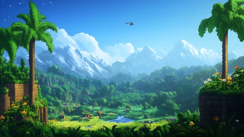 Lush voxel valley beneath snowcapped mountain range panorama.