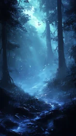 Ethereal Forest Canyon with Luminous Mist and Towering Conifers