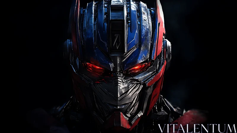 Steel-eyed war machine stares through molten crimson shadows.