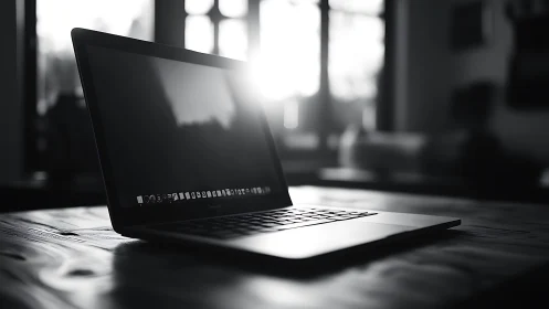 Sunlit laptop waits quietly in a moody monochrome studio.