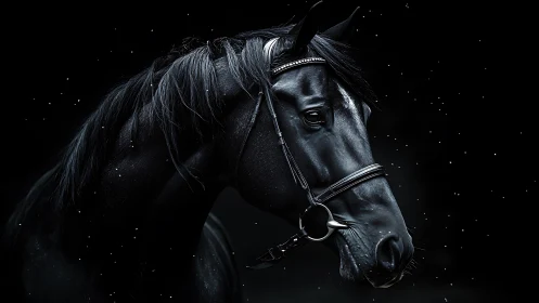 Midnight black horse gazes softly against a starry dark sky