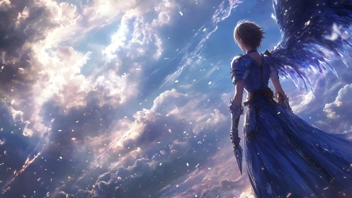 Winged guardian gazing into a radiant, storm-swept sky.