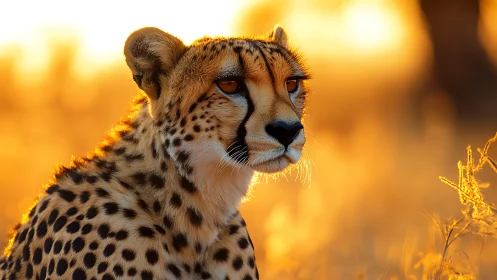 Cheetah stands in shallow depth of field at sunset light