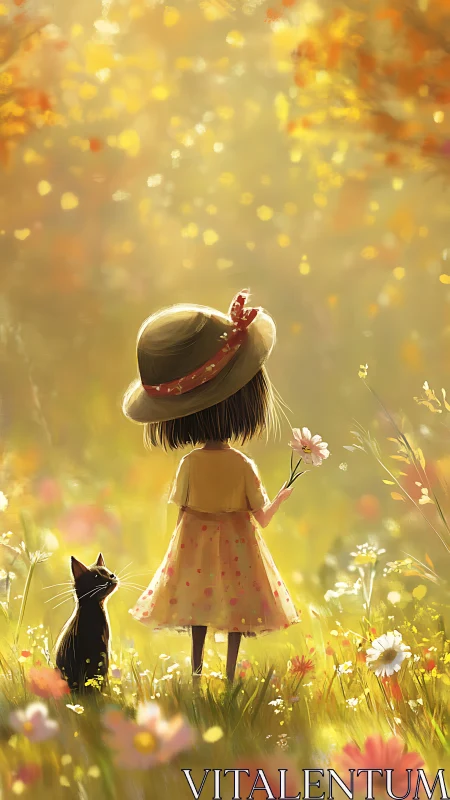 Girl and black cat standing in sunlit flower meadow.