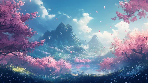 Dreamlike cherry blossom valley embraces misty mountains.