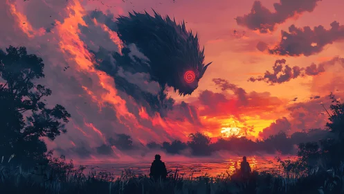 Colossal cloud beast with glowing eye over fiery sunset shore.