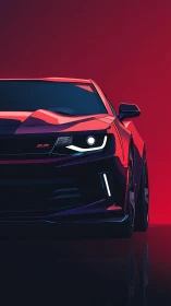 Neon red muscle car poised in bold night glow portrait.