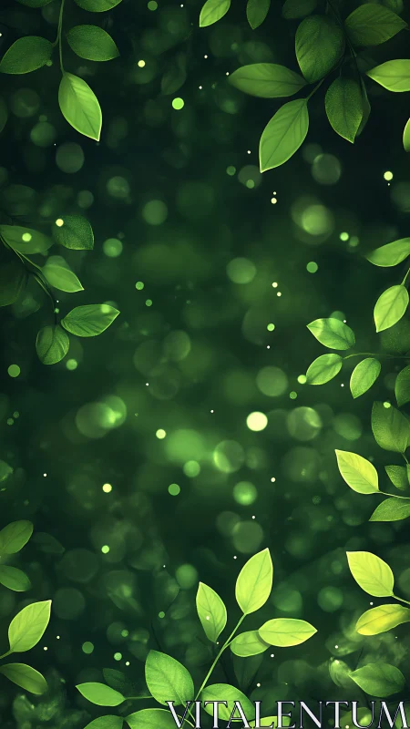 Green leaves frame soft bokeh background with central space