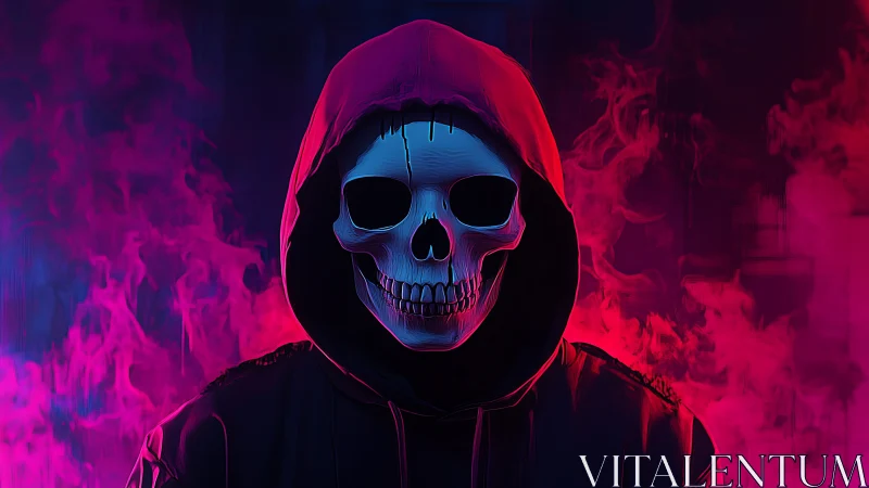 Hooded skull figure in neon pink and blue smoke glow.