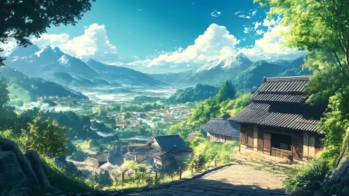 Mountain valley settlement with traditional hillside houses.