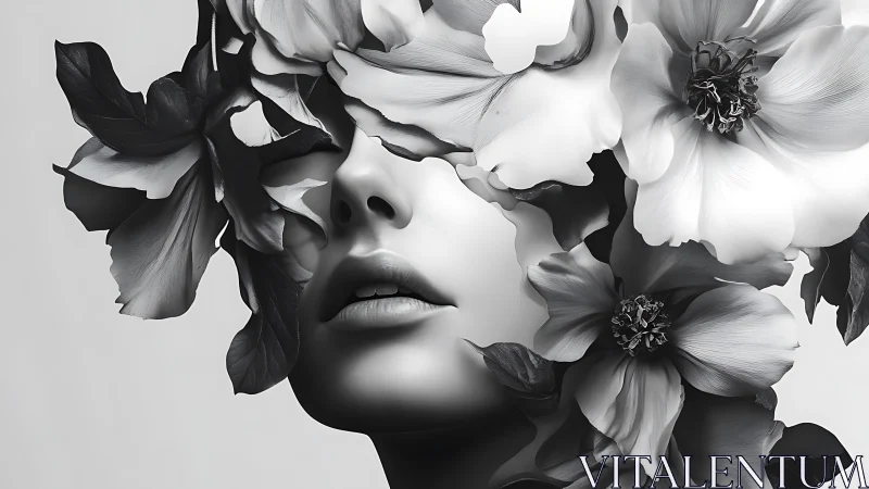 Monochrome floral visage integration with sculptural contouring.