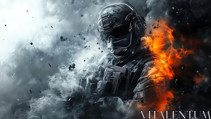 Calm futuristic soldier standing between smoke and fire.