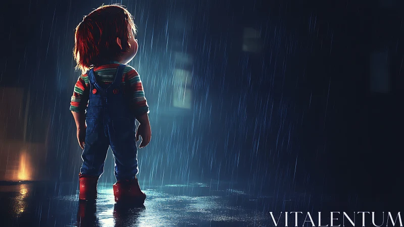 Backlit toy figure in rain-soaked alley, cinematic 3D render