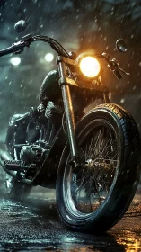 Custom cafe racer motorcycle in cinematic night rain scene.