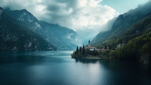 Mountain lake village under clouds with calm reflective water.
