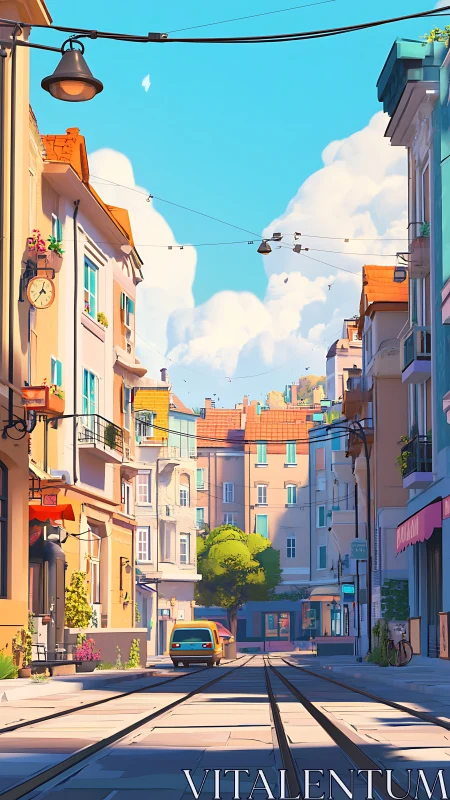 Sunny low-rise street with tram tracks and parked car.