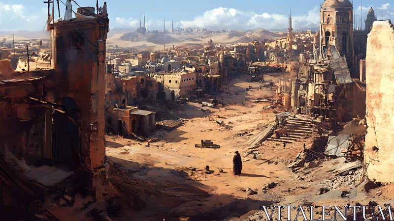 Postwar desert megacity ruins with lone robed wanderer