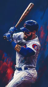 Baseball batter in Cubs uniform ready to swing bat.