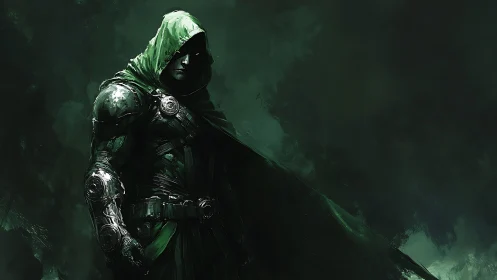 Hooded armored vigilante stalks through shadowed emerald mist