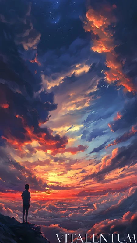 Dreamy sunset sky welcoming a lone stargazing wanderer.