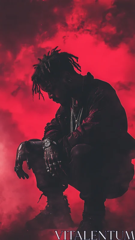 Silhouetted rapper crouches in red neon storm haze.