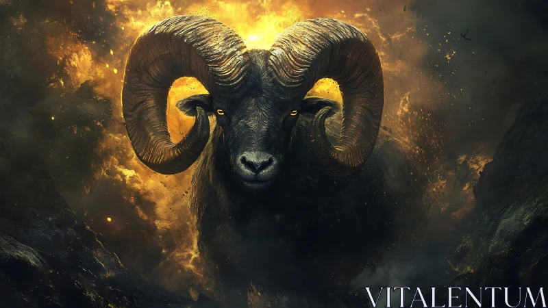 Digital painting of infernal ram in cinematic chiaroscuro focus.