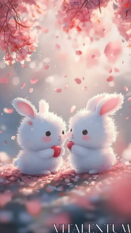 Two stylized rabbits hold red objects under falling petals
