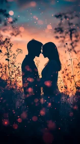 Silhouetted Couple with Bokeh Lights and Wildflower Field