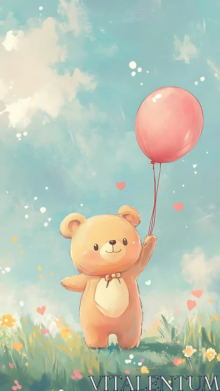 Sky-bright teddy bear drifting joyward with rosy balloon.