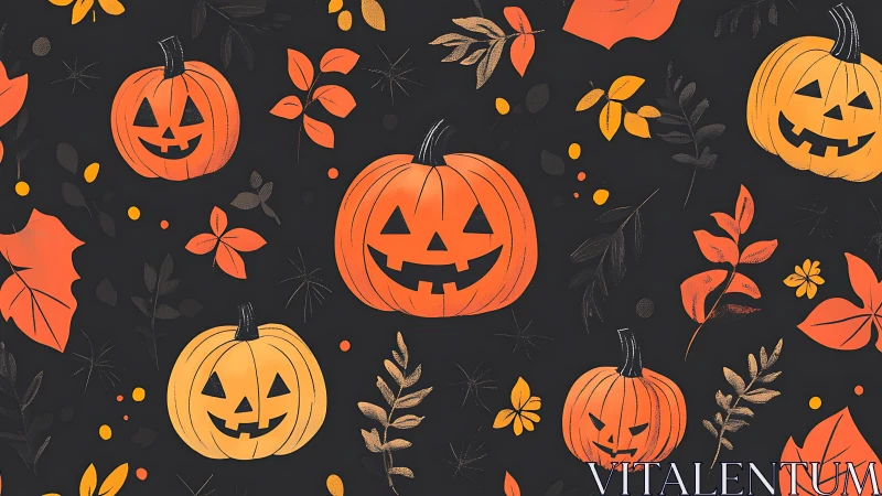 Jack-o-lantern pattern arranges stylized pumpkins and foliage